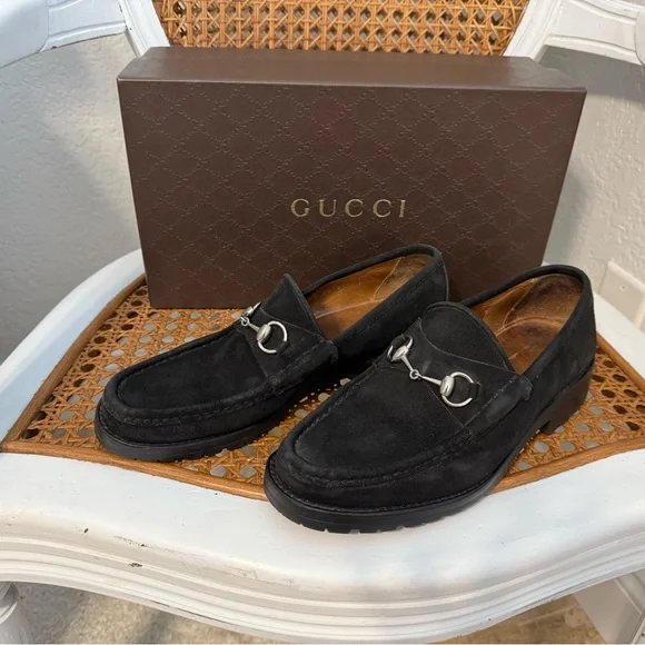 Gucci Mens Black Suede Silver Bit Lug Sole 8.5 D Loafer With Gucci Box - Picture 5 of 15